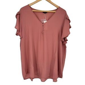 Zenobia Solid Blush Button Tulip Flutter Sleeve Top Blouse size 2X NWT Mauve